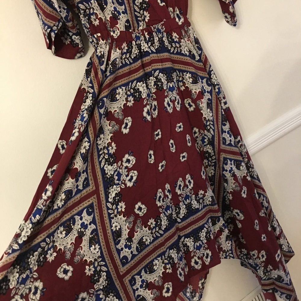 1 Left! Wine Floral Print Handkerchief Midi Dress - Picture 6 of 8